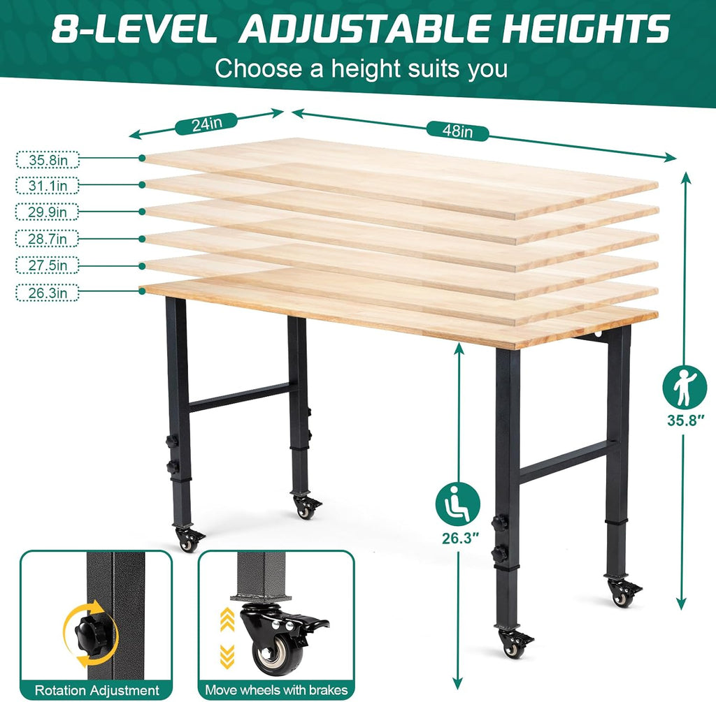 48" Adjustable Rolling Heavy‑Duty Workbench