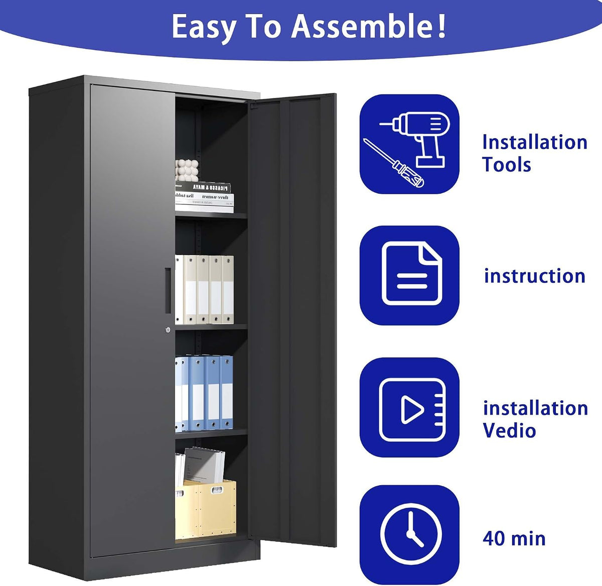 71" Black Metal Garage Storage Cabinet