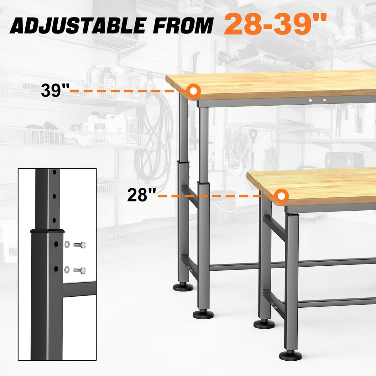 42×20 in Rolling Adjustable Rubberwood‑Top Workbench