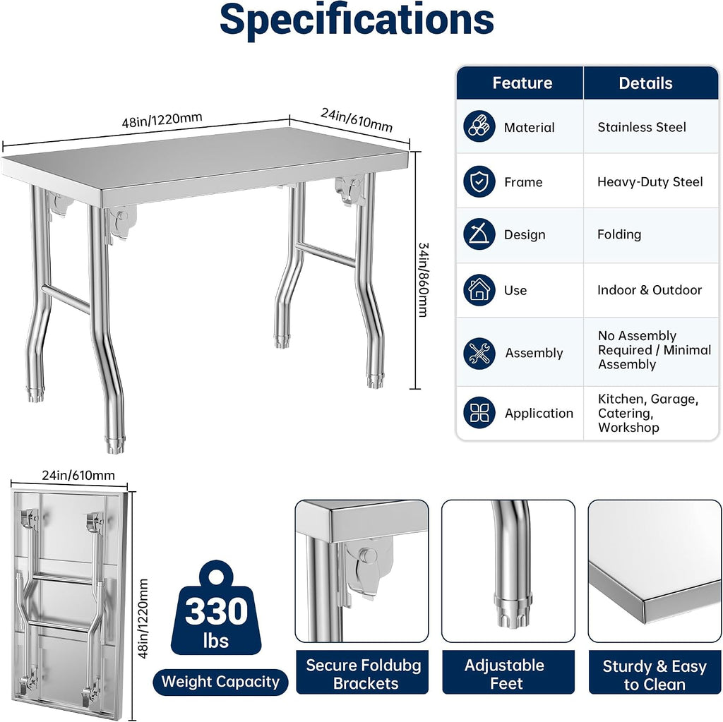 48×24 Inch Stainless Steel Folding Table