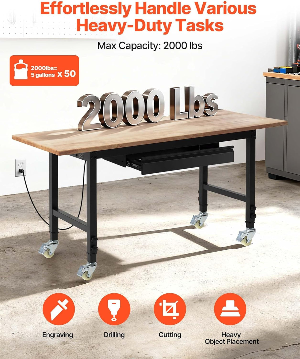 60×24 in Rolling Adjustable Hardwood‑Top Workbench