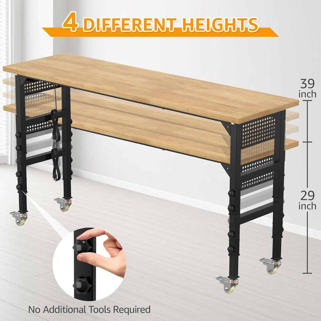 70" Adjustable Height Rolling Heavy‑Duty Workbench