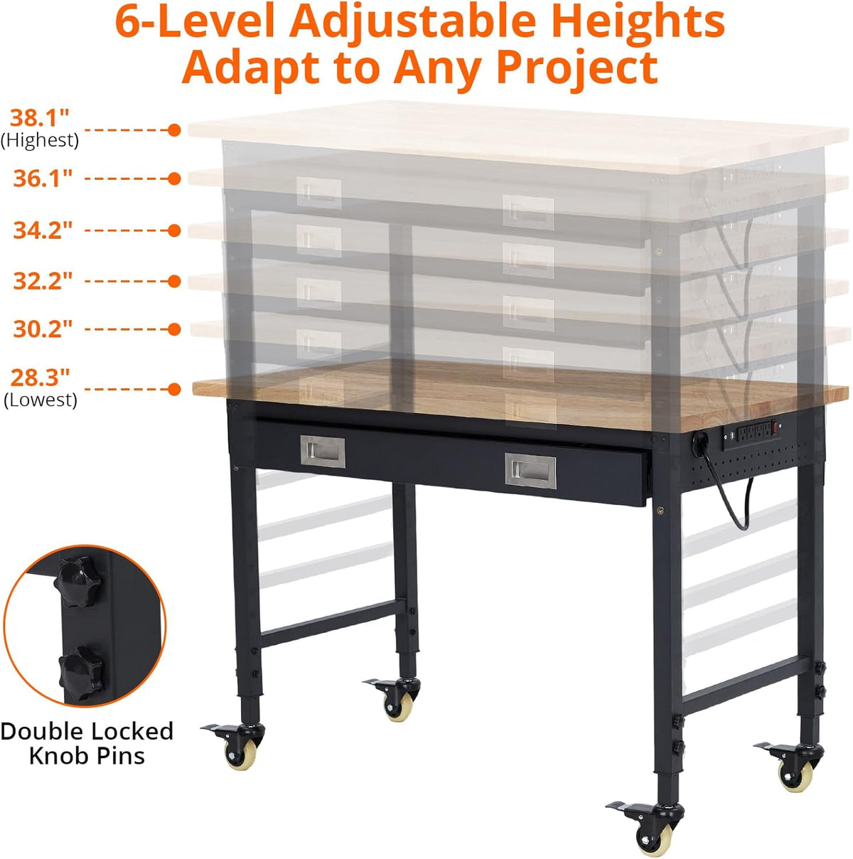 48×24 in Rolling Adjustable Workbench with Drawers