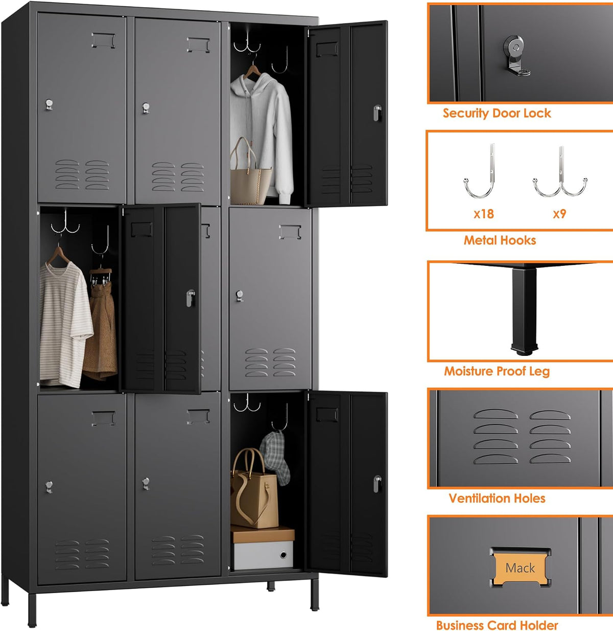Black 9‑Doors Metal Storage Locker
