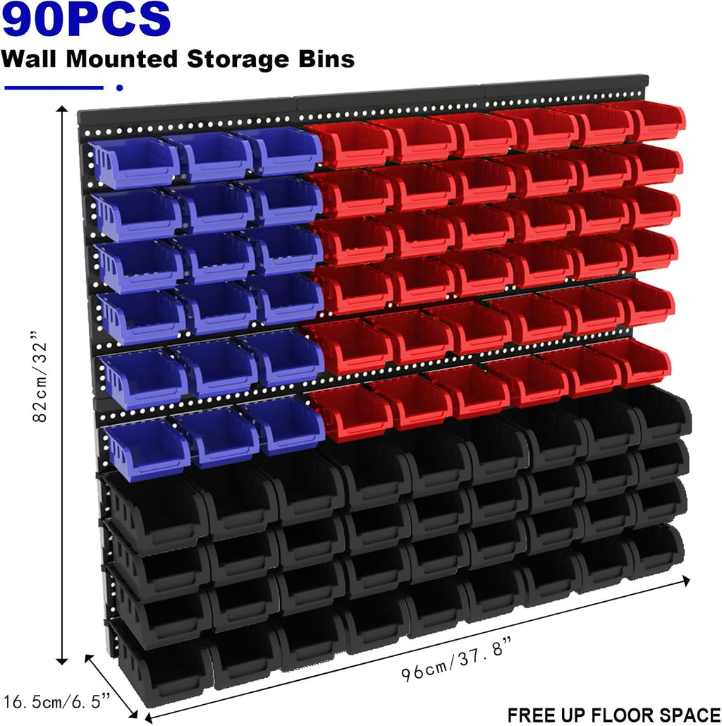 90PCS Wall‑Mounted Plastic Storage Bin Rack