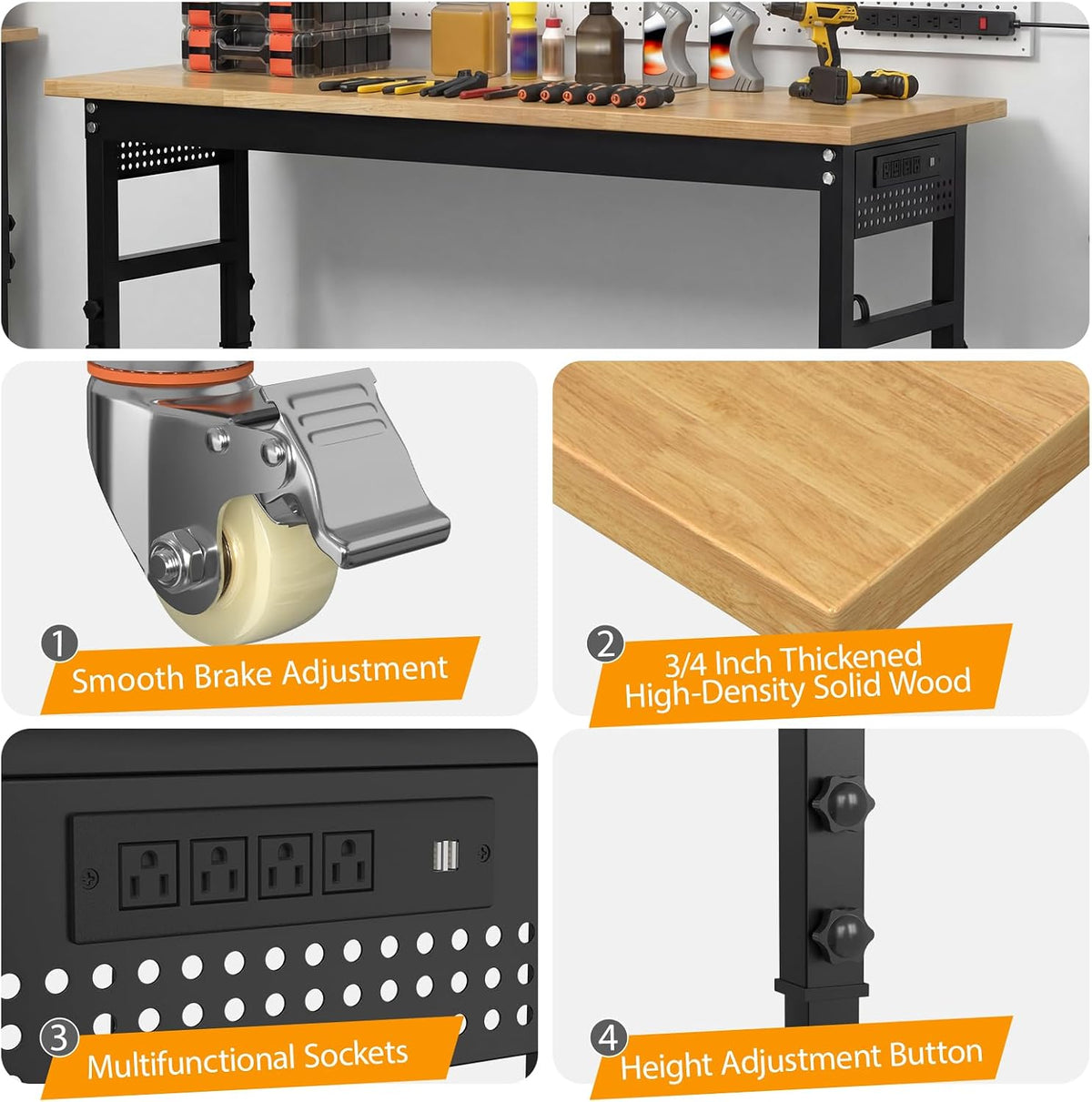 70" Adjustable Height Rolling Heavy‑Duty Workbench