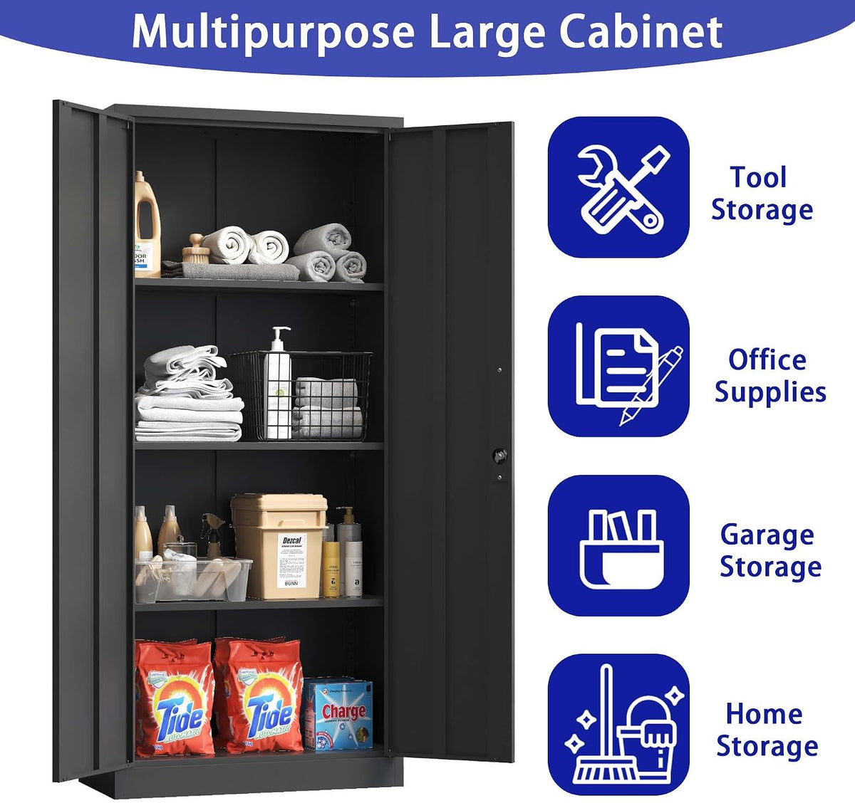 71" Black Metal Garage Storage Cabinet