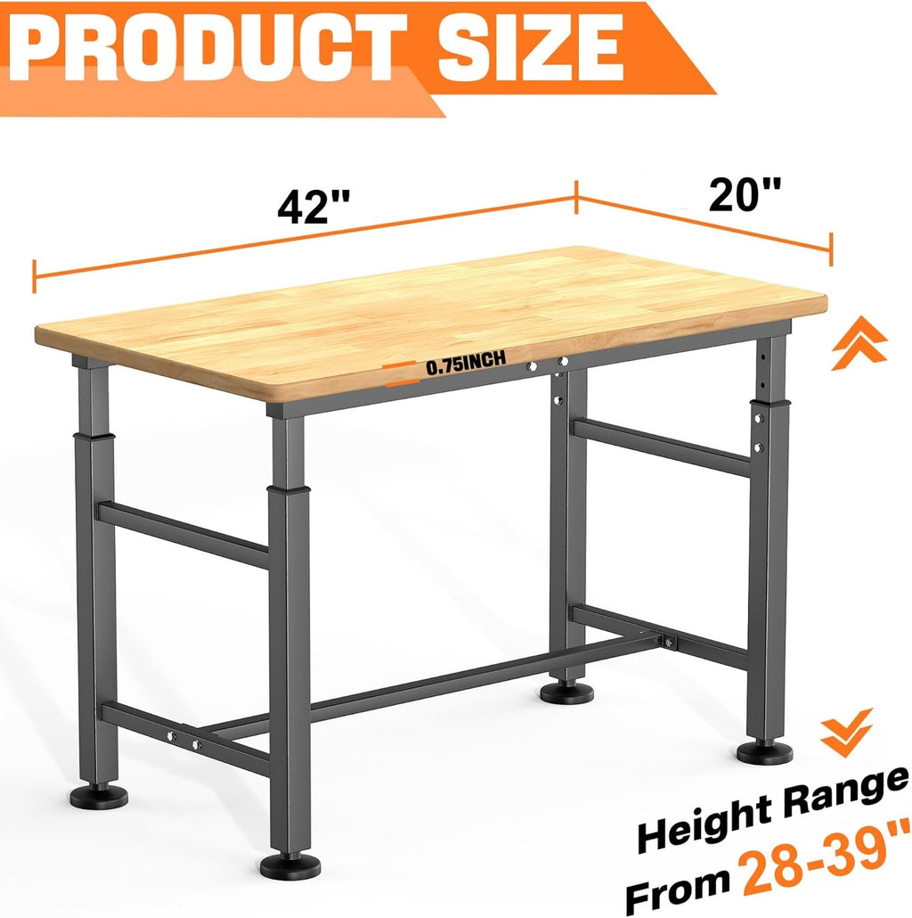 42×20 in Rolling Adjustable Rubberwood‑Top Workbench