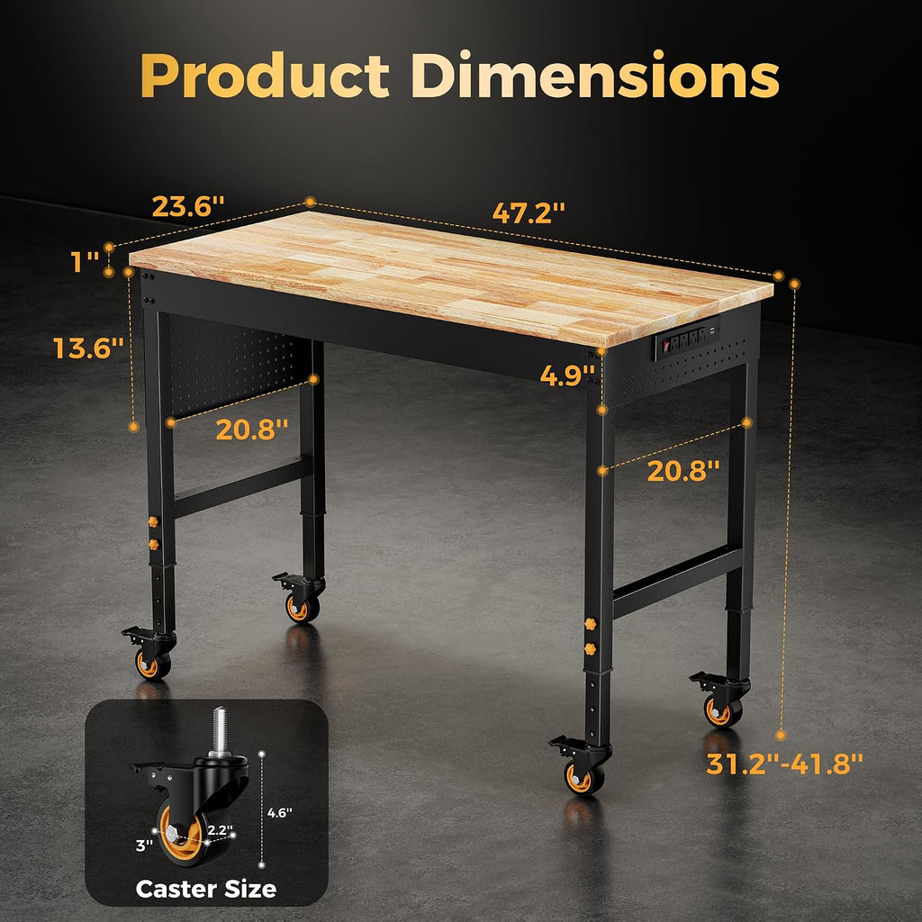 48" Rolling Workbench with Pegboard & Outlet