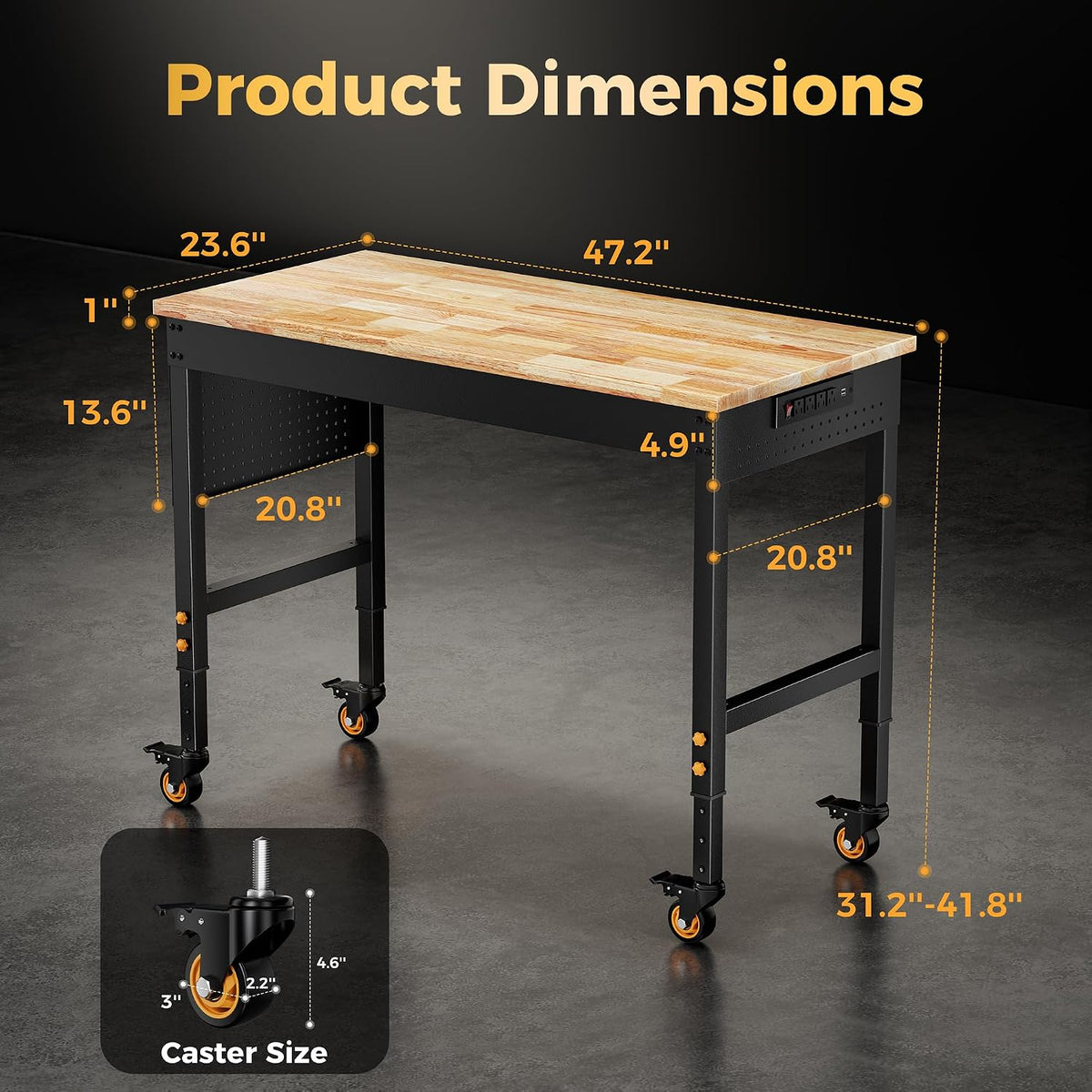 48" Rolling Workbench with Pegboard & Outlet