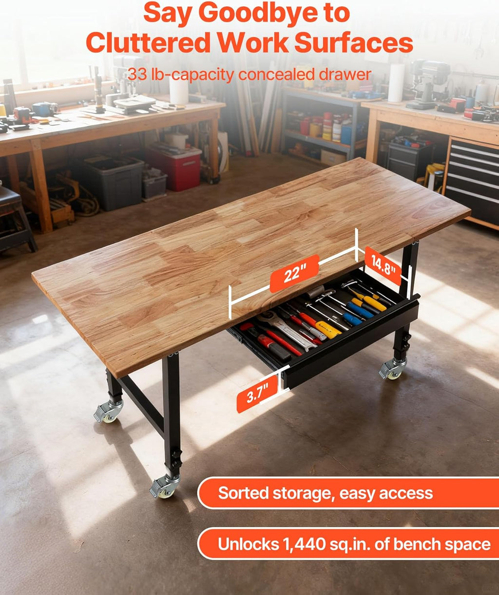 60×24 in Rolling Adjustable Hardwood‑Top Workbench