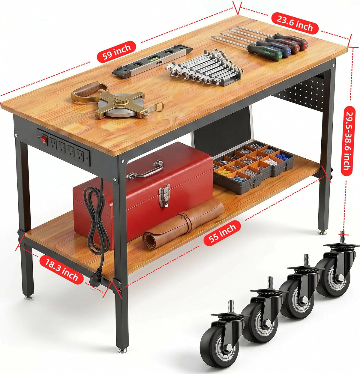60" Rolling Adjustable Workbench with Outlet