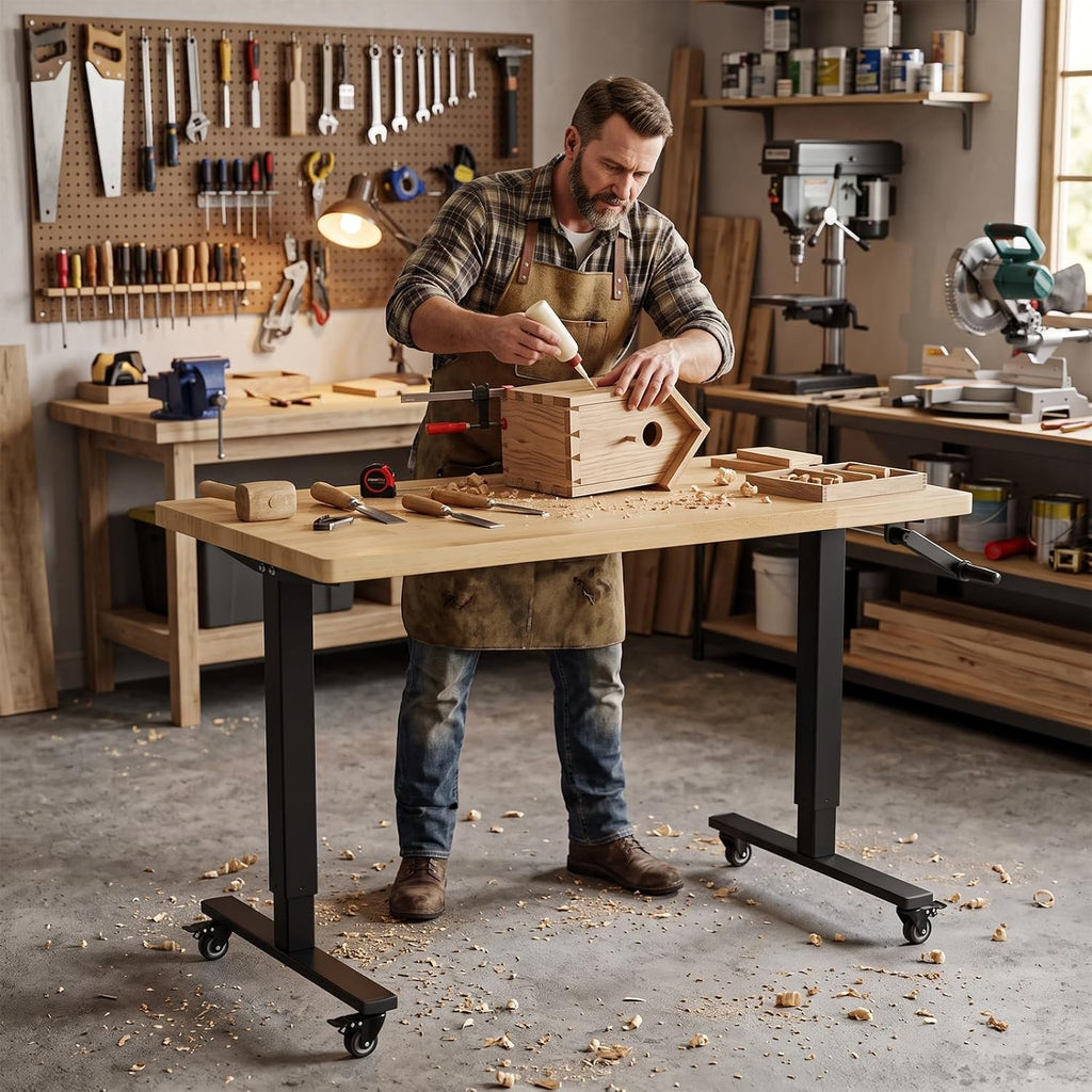 48" Height‑Adjustable Rolling Wood‑Top Workbench