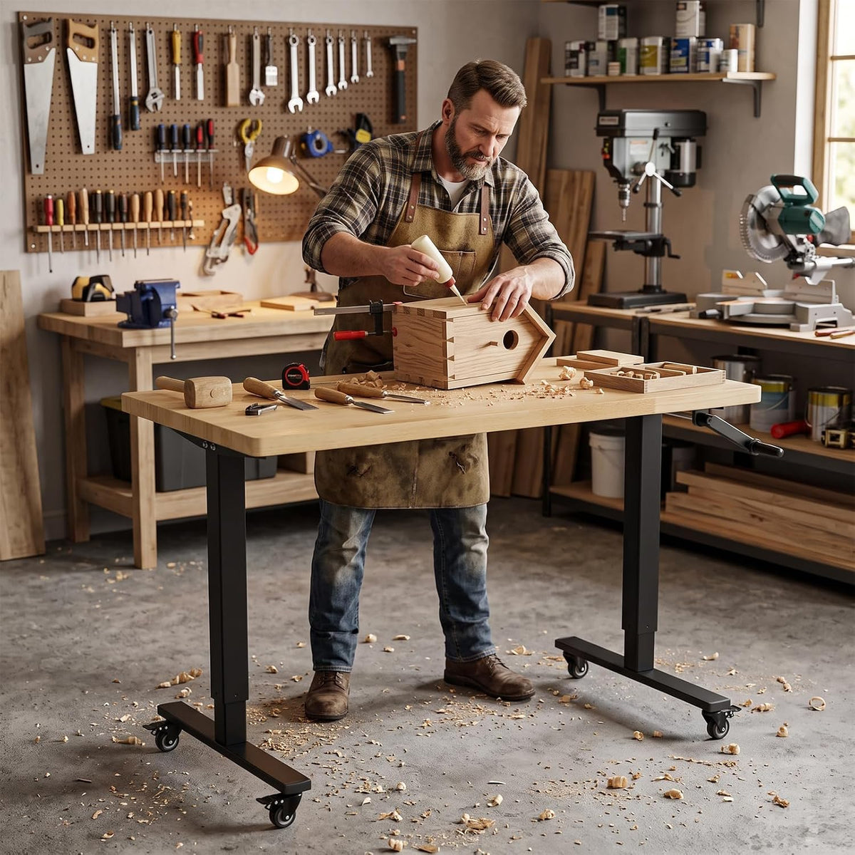 48" Height‑Adjustable Rolling Wood‑Top Workbench